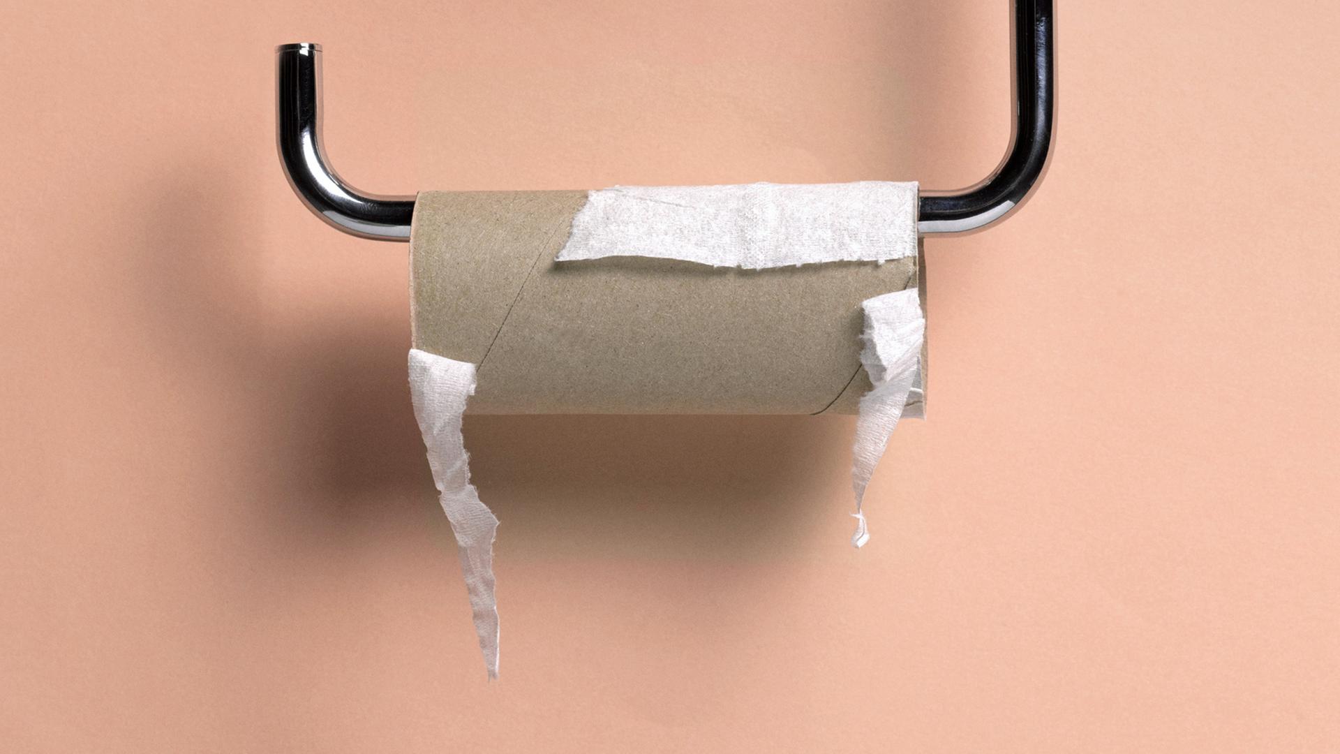 Toilettenpapierhalter mit einer leeren Rolle Klopapier