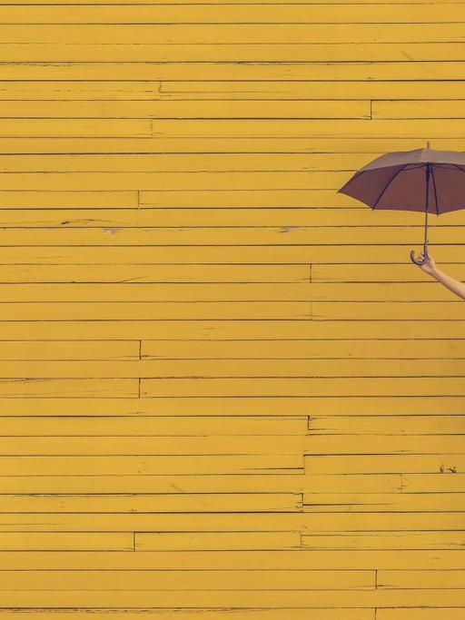 Vor einer gelb angemalten Holzwand springt eine Frau mit Regenschirm glücklich in die Luft.