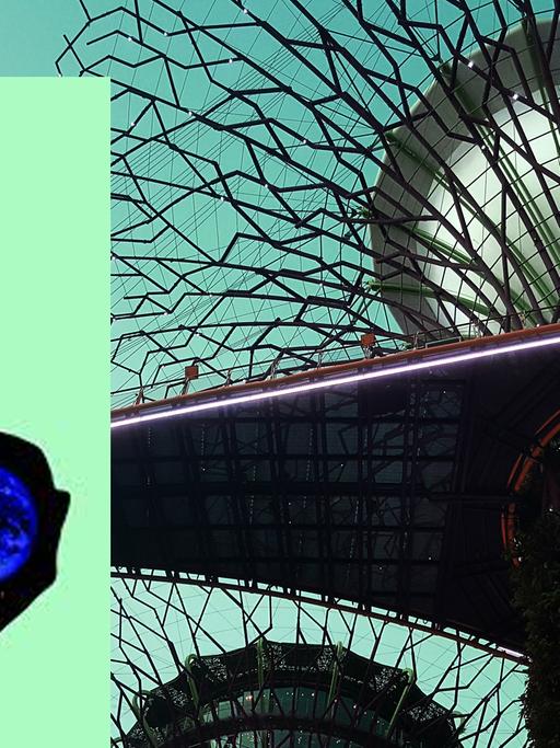 Cover von Marc Augés Buch "Die Zukunft der Erdbewohner. Ein Manifest". Im Hintergrund ist ein Foto des futuristischen Parks "Gardens by the Bay" in Singapur zu sehen.