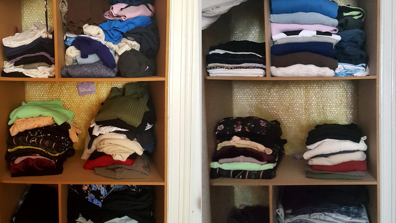 Der Kleiderschrank unserer Autorin vor dem "Ausmisten" und rechts nach dem "Ausmisten". Der Kleiderschrank unserer Autorin vor dem "Ausmisten" und rechts nach dem "Ausmisten".