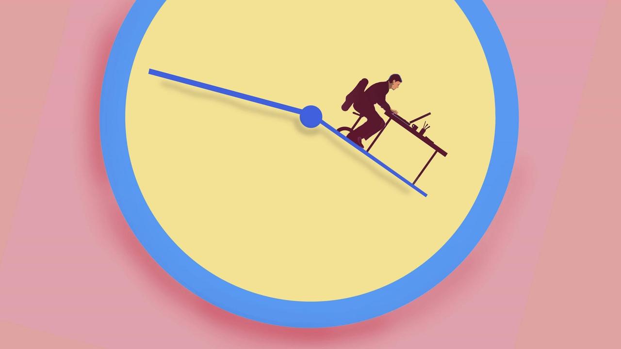 Illustration einer Uhr auf deren großen Zeiger ein Mann am Schreibtisch sitzt und arbeitet Illustration einer Uhr auf deren großen Zeiger ein Mann am Schreibtisch sitzt und arbeitet
