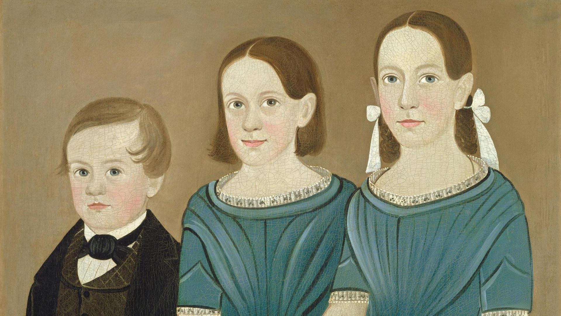 Auf einem Bild des Malers Sturtevant J. Hamblin sind zwei Schwestern mit ihrem kleinen Bruder zu sehen. Es wurde um das Jahr 1850 herum gemalt. Auf einem Bild des Malers Sturtevant J. Hamblin sind zwei Schwestern mit ihrem kleinen Bruder zu sehen. Es wurde um das Jahr 1850 herum gemalt.