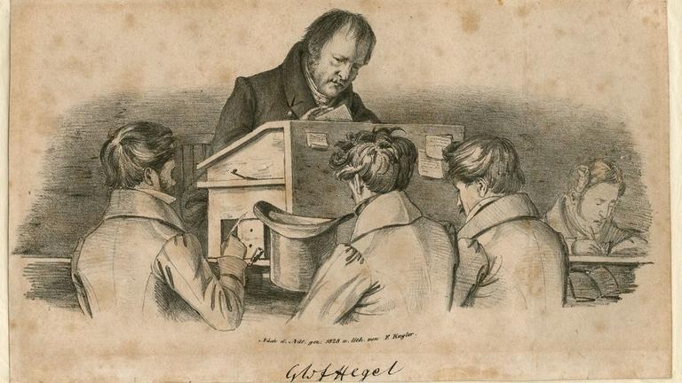 Georg Wilhelm Friedrich Hegel am Rednerpult, umgeben von drei jungen Männern, die Notizen machen. Litho von Franz Theodor Kugler, 1828 Georg Wilhelm Friedrich Hegel am Rednerpult, umgeben von drei jungen Männern, die Notizen machen. Litho von Franz Theodor Kugler, 1828