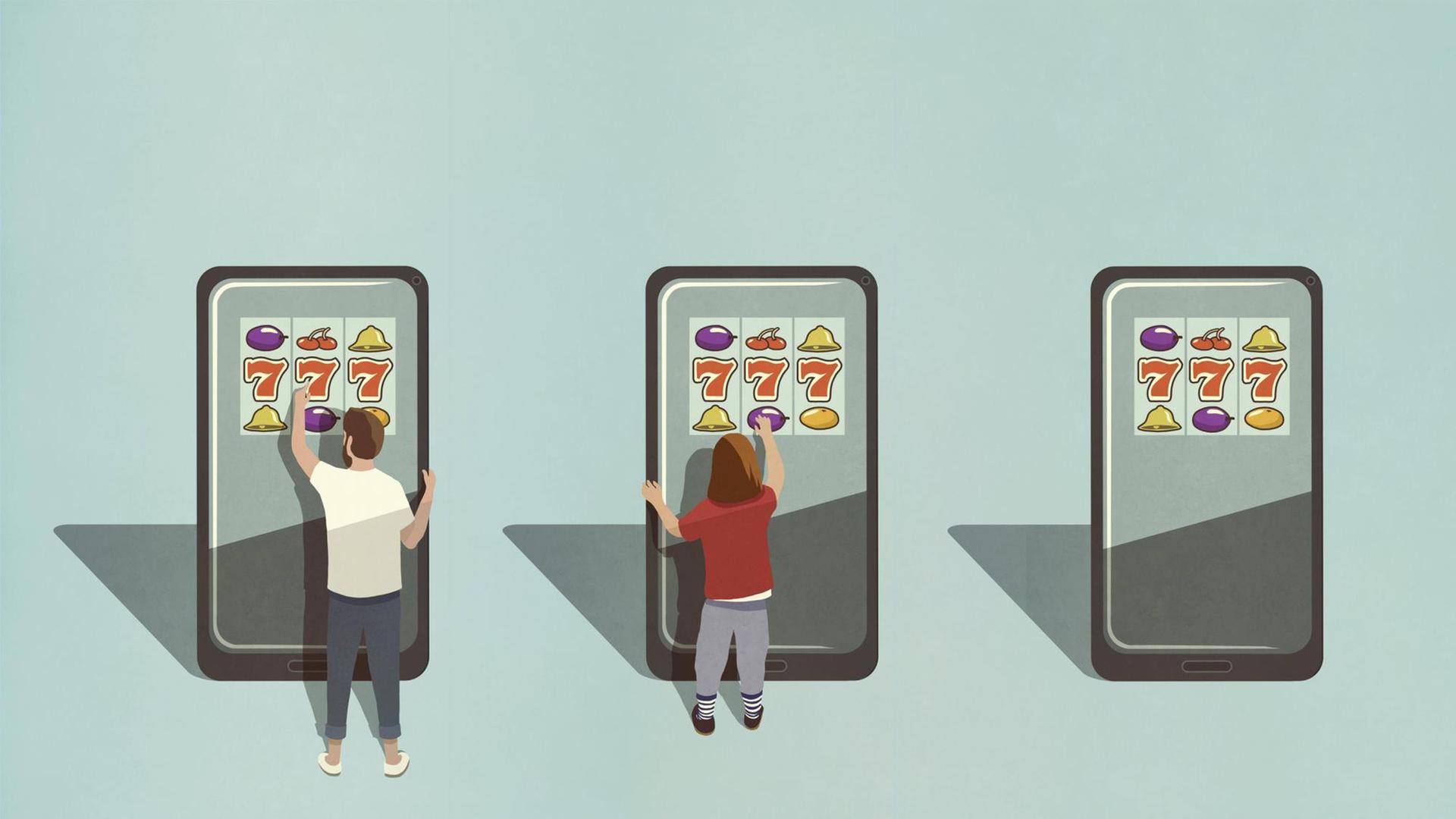 Illustration: Online Glücksspiel. Drei Tablets auf denen eine Slotmachine läuft. Illustration: Online Glücksspiel. Drei Tablets auf denen eine Slotmachine läuft.