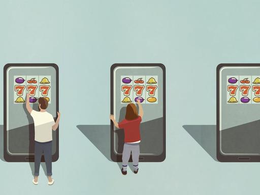 Illustration: Online Glücksspiel. Drei Tablets auf denen eine Slotmachine läuft.
