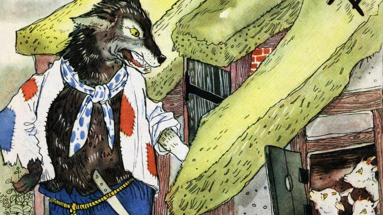 In der Illustration zum Märchen "Der Wolf und die sieben Geißlein" klopft der Wolf in Menschenkleidung an die Tür der Geißen. In der Illustration zum Märchen "Der Wolf und die sieben Geißlein" klopft der Wolf in Menschenkleidung an die Tür der Geißen.