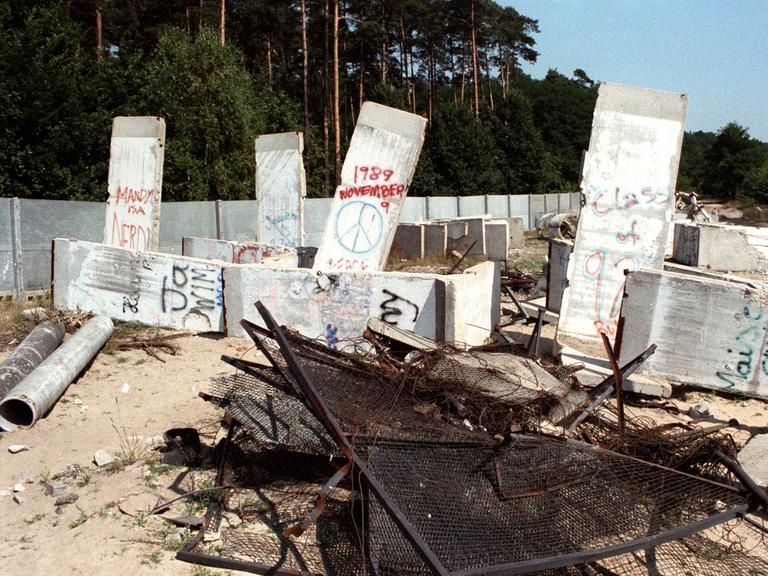 Trümmer der Geschichte - Teile der Betonmauer, Stacheldraht, Gitterzaun und Betonreste der Berliner Mauer liegen im Ortsteil Steinstücken bei Potsdam auf einem Gelände, aufgenommen im August 1990. 