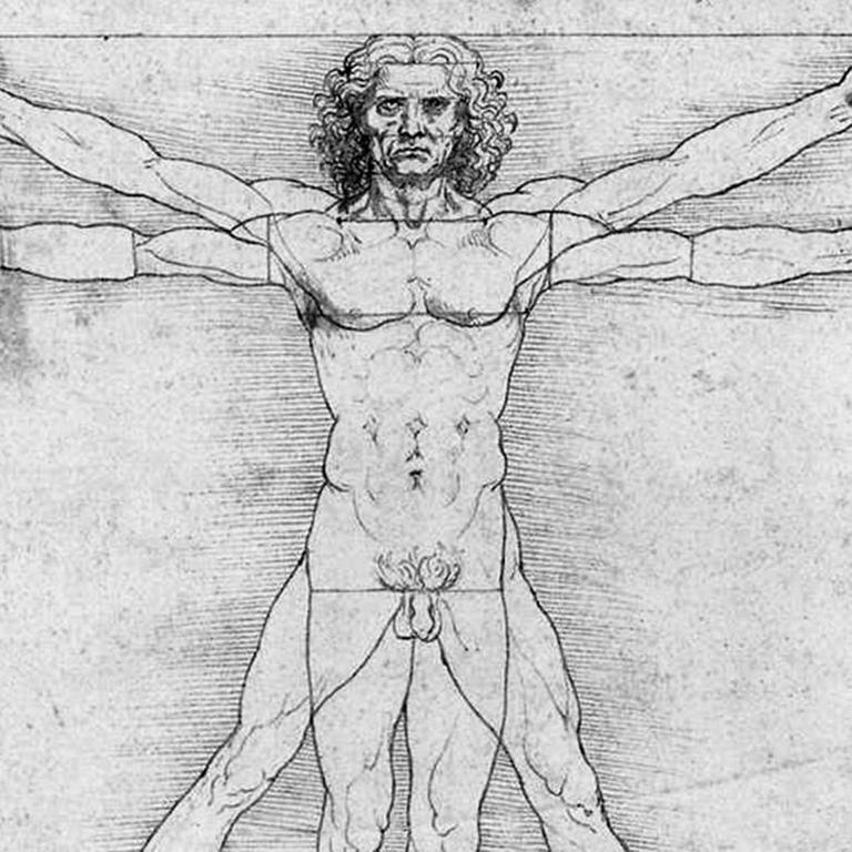 Leonardo da Vincis (1452-1519) Zeichnung "Vitruvianischer Mensch" (um 1490) zeigt einen Mann, der die idealisierten Proportionen besitzt, welche der antike Architekt und Ingenieur Vitruv formulierte.