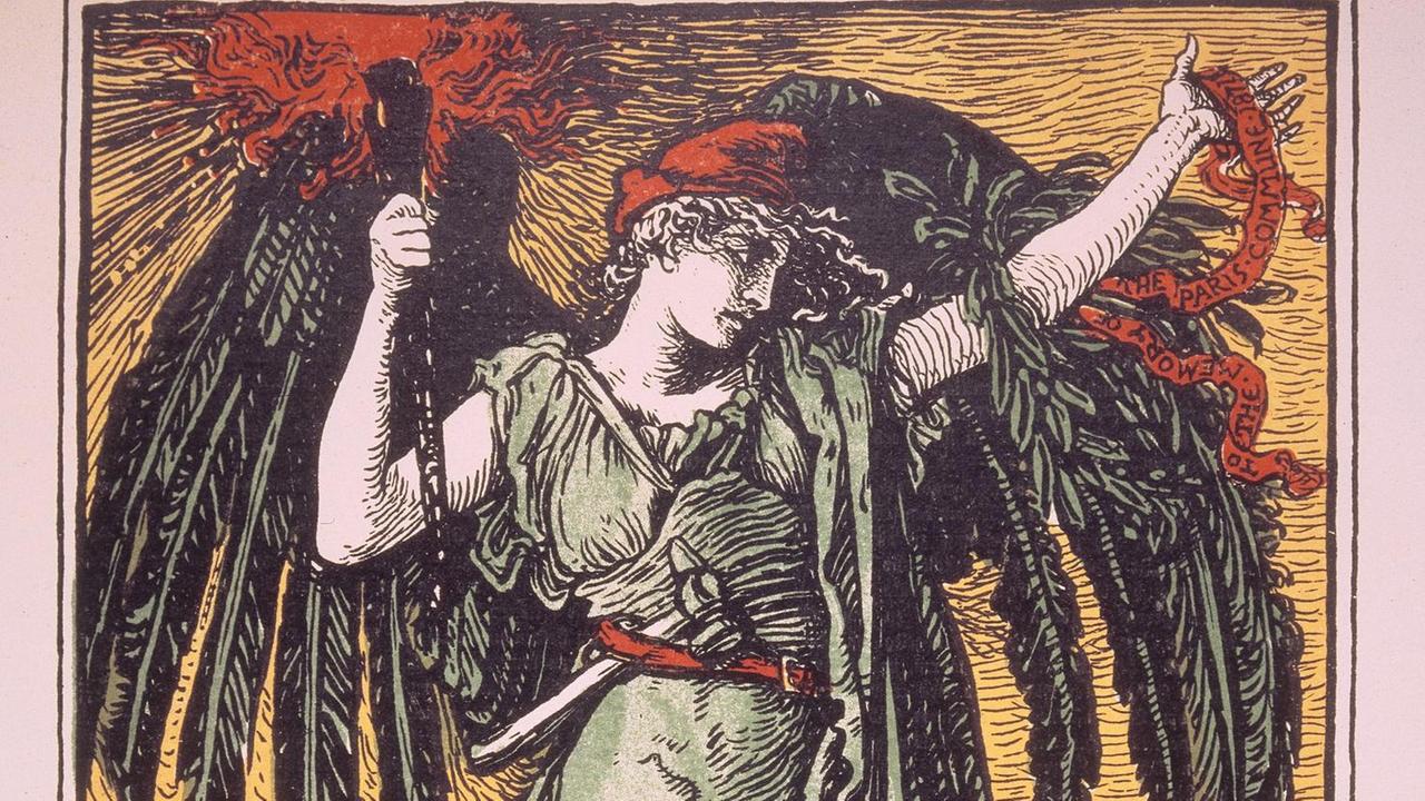 Ein kolorierter Holzstich zeigt als Allegorie der Pariser Kommune, eine grüne gewandete Frau mit Engelsflügeln, die eine rote Jakobinermütze trägt und ein rotes Banner in die Höhe streckt. Unten im Hintergrund ist die Sil- houette von Paris zu erkennen. Gedenkblatt, Pariser Kommune, 1901 Frankreich, Maerz 1871. Pariser Kommune. - "Dem Angedenken der Kommune von Paris" (Engel mit Jakobinermuetze vor der Sil- houette von Paris). - Farbholzstich nach Walter Crane, 1901. Ein kolorierter Holzstich zeigt als Allegorie der Pariser Kommune, eine grüne gewandete Frau mit Engelsflügeln, die eine rote Jakobinermütze trägt und ein rotes Banner in die Höhe streckt. Unten im Hintergrund ist die Sil- houette von Paris zu erkennen. Gedenkblatt, Pariser Kommune, 1901 Frankreich, Maerz 1871. Pariser Kommune. - "Dem Angedenken der Kommune von Paris" (Engel mit Jakobinermuetze vor der Sil- houette von Paris). - Farbholzstich nach Walter Crane, 1901.
