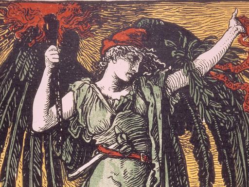 Ein kolorierter Holzstich zeigt als Allegorie der Pariser Kommune, eine grüne gewandete Frau mit Engelsflügeln, die eine rote Jakobinermütze trägt und ein rotes Banner in die Höhe streckt. Unten im Hintergrund ist die Sil- houette von Paris zu erkennen. Gedenkblatt, Pariser Kommune, 1901 Frankreich, Maerz 1871. Pariser Kommune. - "Dem Angedenken der Kommune von Paris" (Engel mit Jakobinermuetze vor der Sil- houette von Paris). - Farbholzstich nach Walter Crane, 1901.