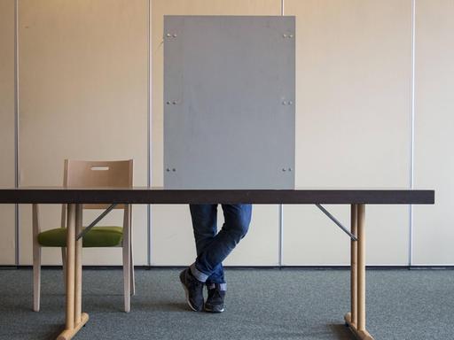 Ein Wähler steht bei den Landtagswahlen Rheinland-Pfalz am 13.03.2016 in einer Wahlkabine.