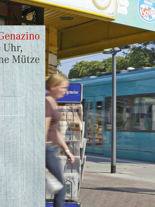 Genazino-Buchcover vor dem Hintergrund einer Straßenbahnhaltestelle in Frankfurt/M.