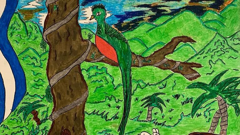 Ein Quetzal sitzt in einem Bild. "Uncaged Art", befreite Kunst: Bilder von Jugendlichen aus dem Internierungslager für Immigranten in Tornillo/Texa Ein Quetzal sitzt in einem Bild. "Uncaged Art", befreite Kunst: Bilder von Jugendlichen aus dem Internierungslager für Immigranten in Tornillo/Texa