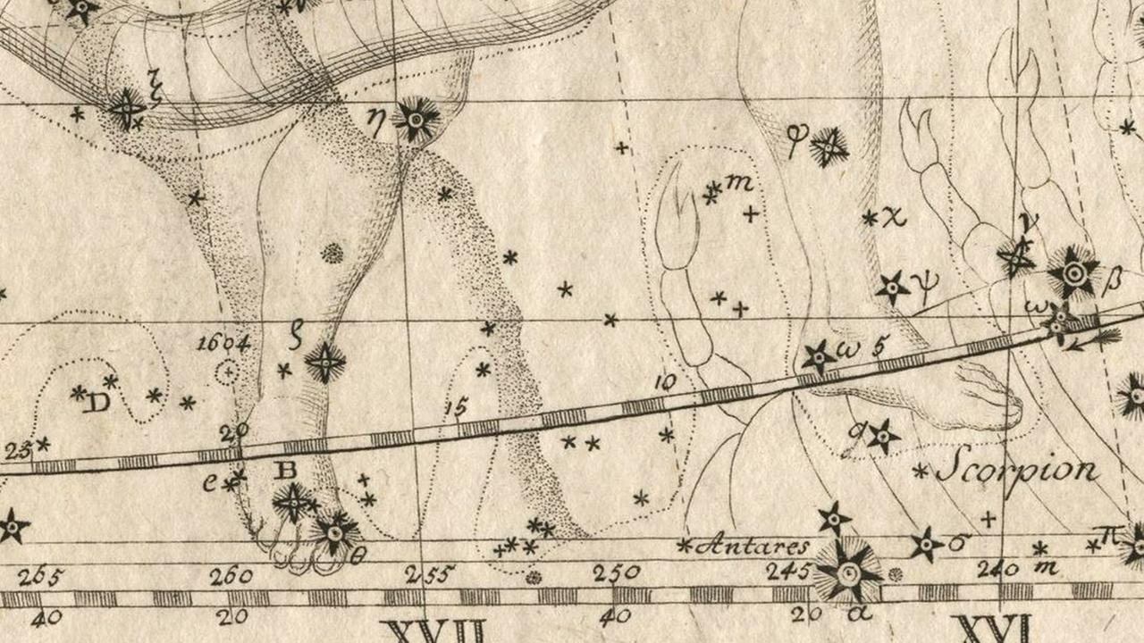 Auf dieser Sternkarte ist die Position der Supernova mit der Jahresangabe "1604" (links unten) eingezeichnet