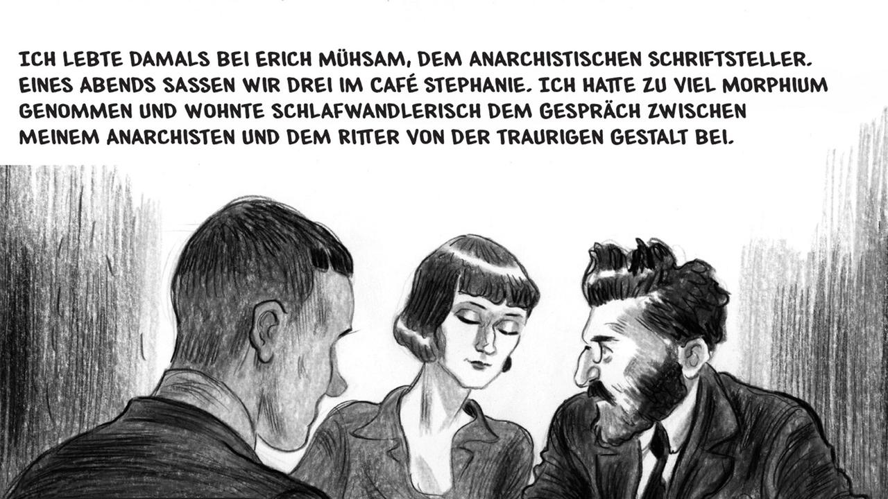 Zu sehen ist der Ausschnitt einer schwarz weißen Illustration mit der Protagonistin Emmy Ball-Hennings, zwischen Hugo Ball und Erich Mühsam. Zu sehen ist der Ausschnitt einer schwarz weißen Illustration mit der Protagonistin Emmy Ball-Hennings, zwischen Hugo Ball und Erich Mühsam.