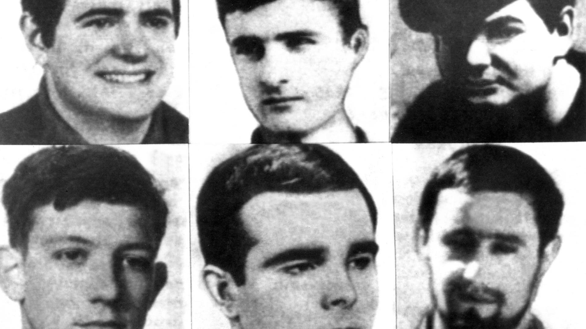 Die sechs Hauptangeklagten im sogenannten Burgos-Prozess: ( von rechts nach links oben) Francisco Javier Izko, Francisco Javier Larena Martinez, Mario Onaindia Natxiondo, Eduardo Uriarte Romero, Joaquin Gorostidi Artola und Jose Dorronsore Zeberio. Die sechs Hauptangeklagten im sogenannten Burgos-Prozess: ( von rechts nach links oben) Francisco Javier Izko, Francisco Javier Larena Martinez, Mario Onaindia Natxiondo, Eduardo Uriarte Romero, Joaquin Gorostidi Artola und Jose Dorronsore Zeberio.