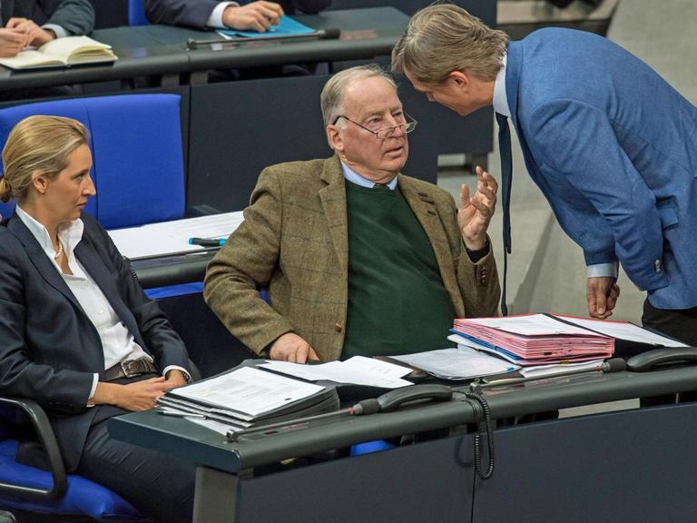 Die AfD-Fraktionsvorsitzenden Alice Weidel, Alexander Gauland und der Parlamentarische Geschäftsführer der Fraktion, Bernd Baumann, auf ihren Abgeordnetenplätzen im Bundestag