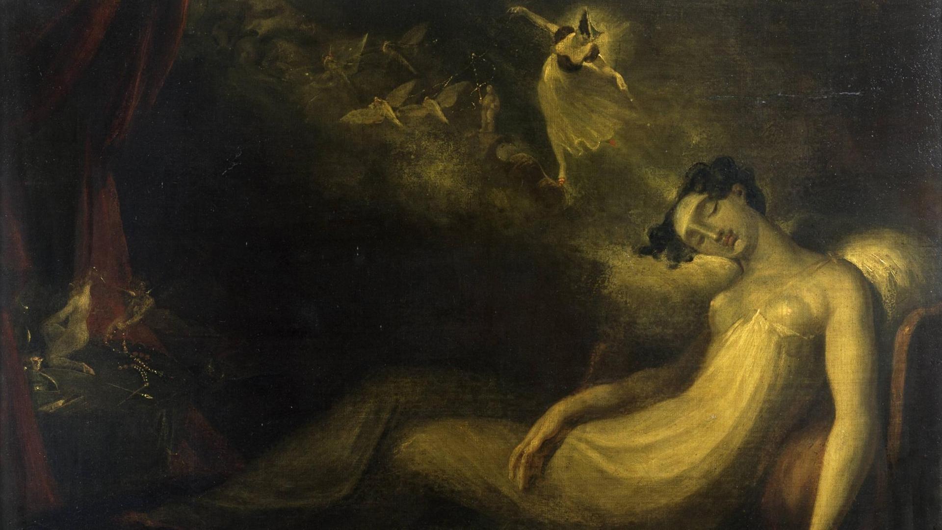 Das Bild "Queen Mab" von Johann Heinrich Füssli (1814) zeigt eine Schlafende umschwebt von Tänzerinnen. Das Bild "Queen Mab" von Johann Heinrich Füssli (1814) zeigt eine Schlafende umschwebt von Tänzerinnen.