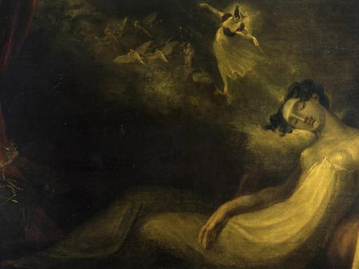 Das Bild "Queen Mab" von Johann Heinrich Füssli (1814) zeigt eine Schlafende umschwebt von Tänzerinnen.