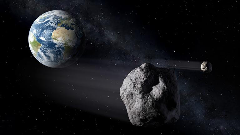 Ein Asteroid mit Mond zieht knapp an der Erde vorbei (Zeichnung) Ein Asteroid mit Mond zieht knapp an der Erde vorbei (Zeichnung)