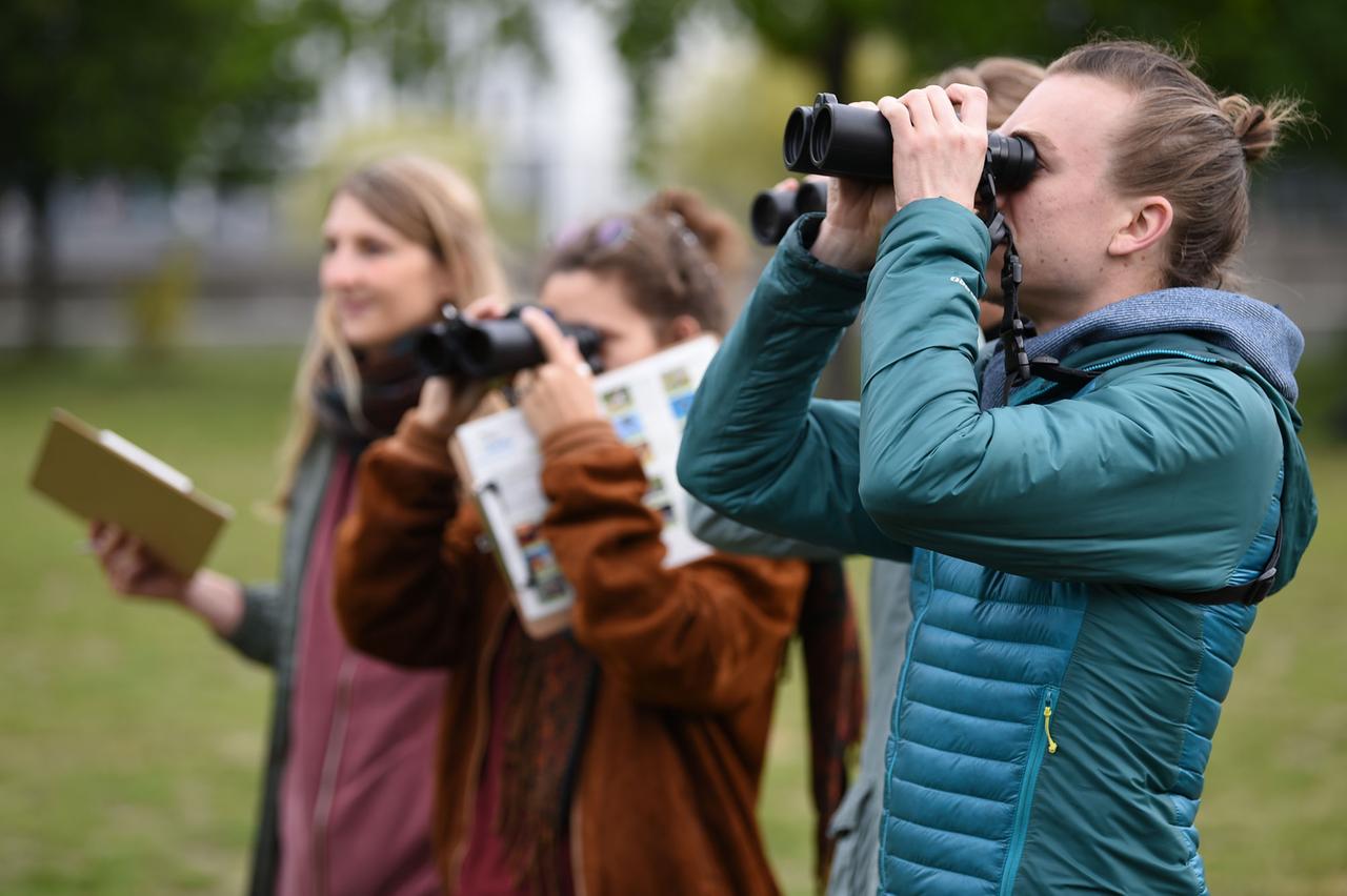 Das Foto zeigt Mitarbeiter des Naturschutzbundes Deutschland, die Vögel im Spreebogenpark in Berlin beobachten. Das Foto zeigt Mitarbeiter des Naturschutzbundes Deutschland, die Vögel im Spreebogenpark in Berlin beobachten.