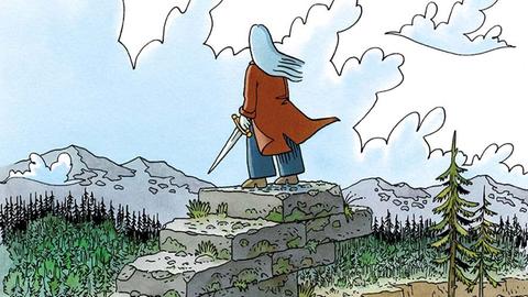 Eine Comicfigur mit blauen Haaren steht mit Schwert in der Hand auf einem Hügel.