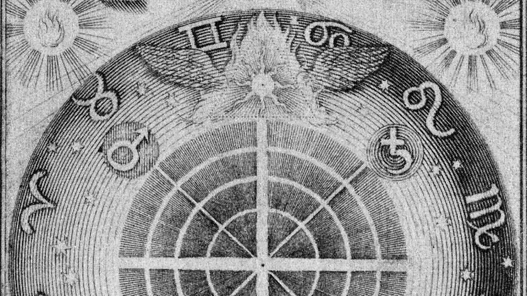 Dunkel schraffierte, konzentrische Kreise von astrologischen Symbolen