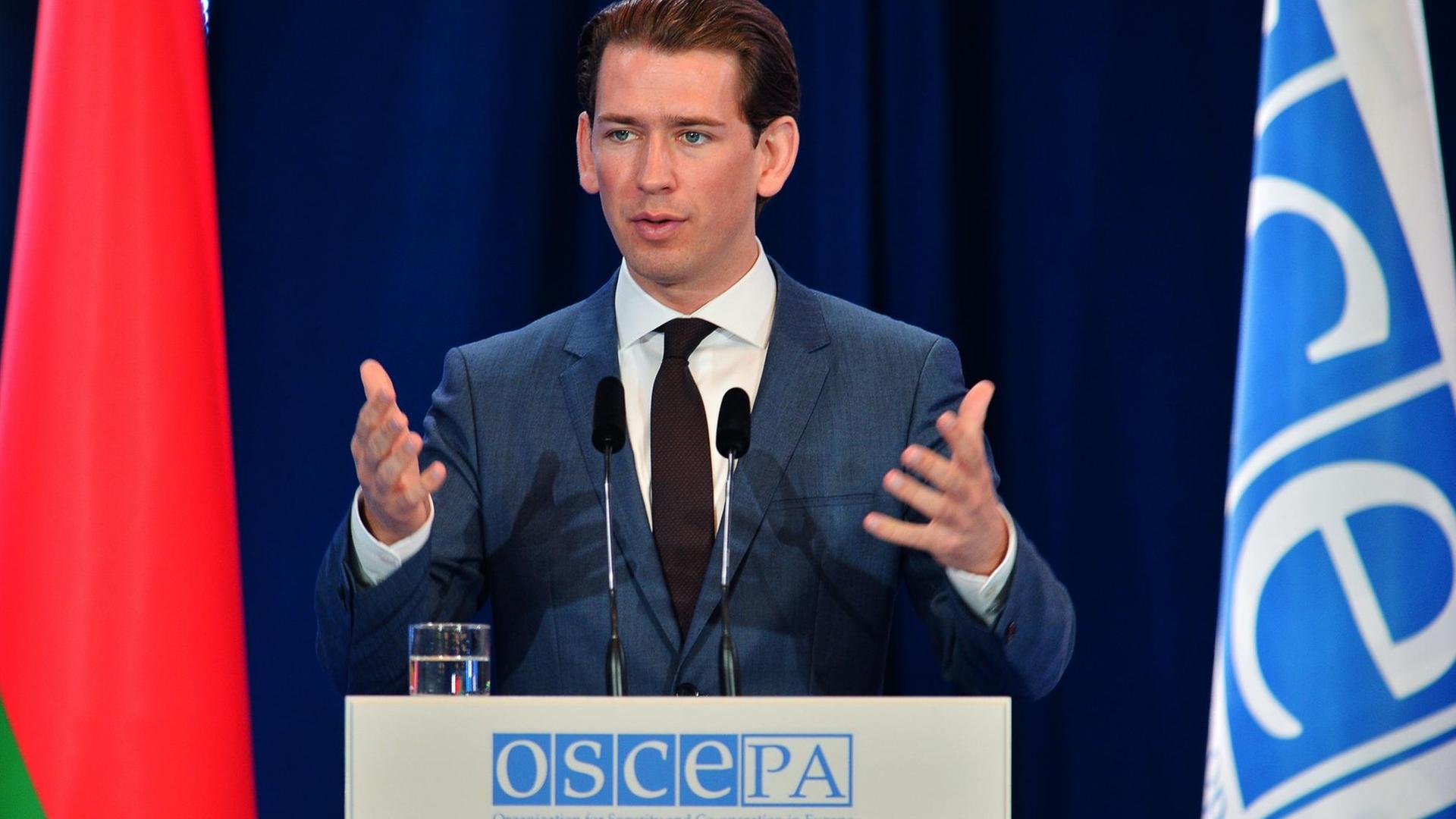 Der österreichische Außenminister Sebastian Kurz hält eine Rede auf dem der OSZE-Jahrestagung in Minsk, am 5. Juli 2017