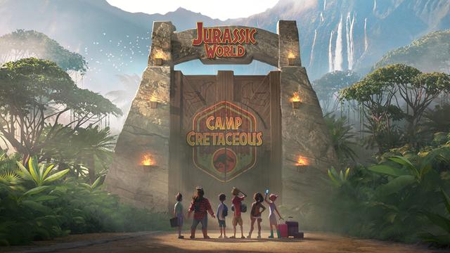 Die Protagonisten von "Jurassic World: Neue Abenteuer" stehen vor dem steinernen Tor zur Dino-Welt