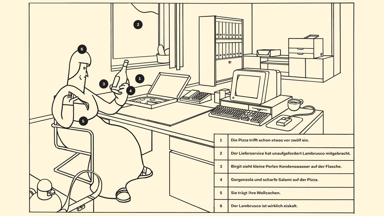 Scene aus dem Comic "Birgit" von Max Baitinger. Eine Frau sitzt in einem Büro vor einem Schreibtisch. Vor ihr stehen ein Pizzakarton und sie hält eine Flasche Wein in der Hand.