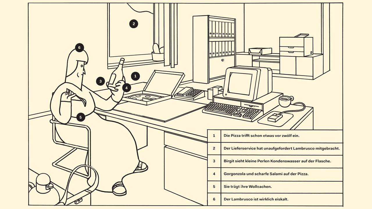Scene aus dem Comic "Birgit" von Max Baitinger. Eine Frau sitzt in einem Büro vor einem Schreibtisch. Vor ihr stehen ein Pizzakarton und sie hält eine Flasche Wein in der Hand. Scene aus dem Comic "Birgit" von Max Baitinger. Eine Frau sitzt in einem Büro vor einem Schreibtisch. Vor ihr stehen ein Pizzakarton und sie hält eine Flasche Wein in der Hand.
