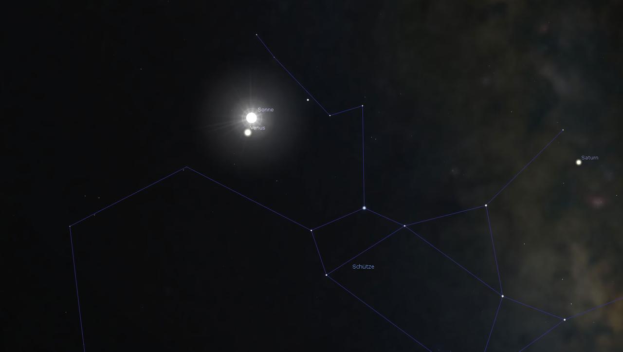 Morgen steht die Venus knapp unterhalb der Sonne – unbeobachtbar am Tageshimmel (Stellarium) Morgen steht die Venus knapp unterhalb der Sonne – unbeobachtbar am Tageshimmel (Stellarium)