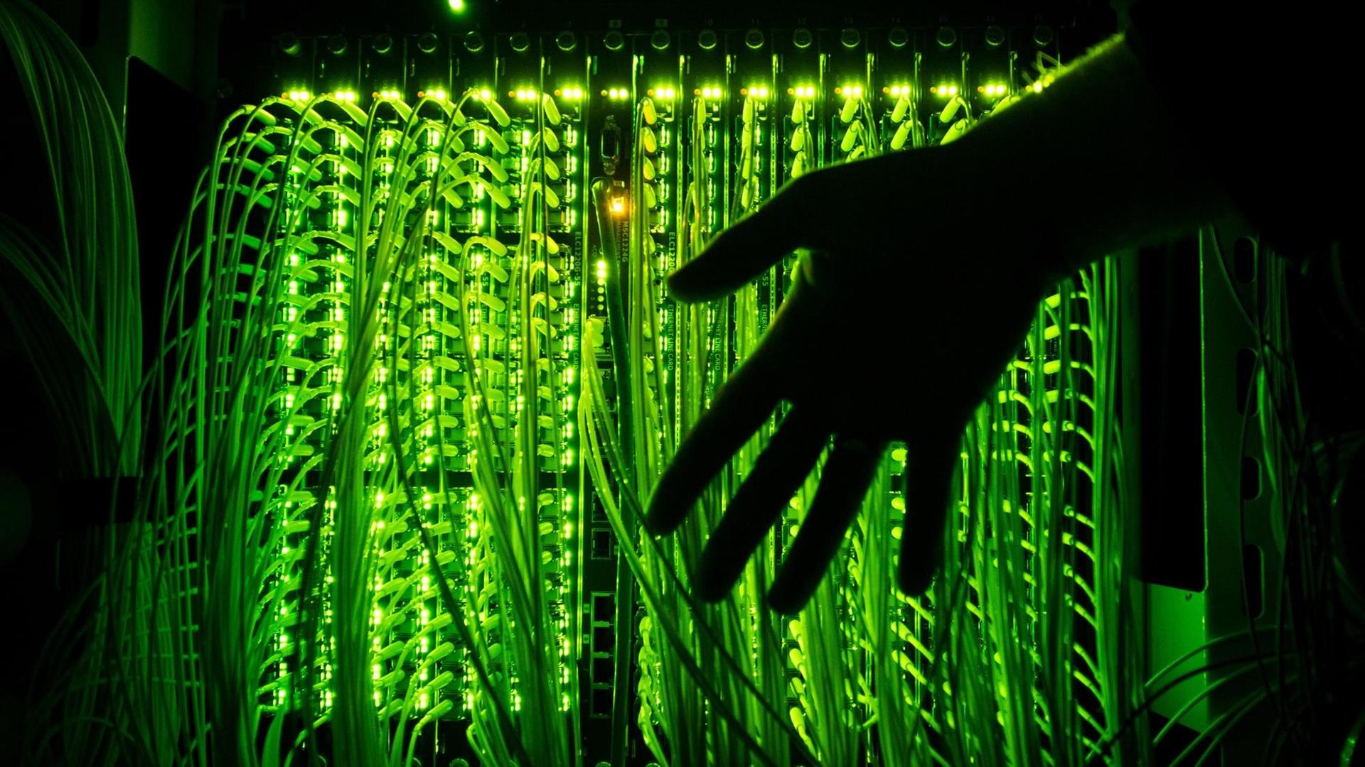 Ein Mann hält am 20.08.2014 in Neumünster (Schleswig-Holstein) seine Hand vor einen Verteilerpunkt, in dem zahlreiche Glasfaserkabel unter anderem zur Übertragung von Hochgeschwindigkeitsinternet zusammenlaufen. Ein Mann hält am 20.08.2014 in Neumünster (Schleswig-Holstein) seine Hand vor einen Verteilerpunkt, in dem zahlreiche Glasfaserkabel unter anderem zur Übertragung von Hochgeschwindigkeitsinternet zusammenlaufen.