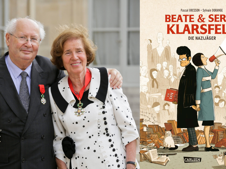 Das Ehepaar Beate und Serge Klarsfeld und das Buchcover zu „Beate und Serge Klarsfeld: Die Nazijäger“