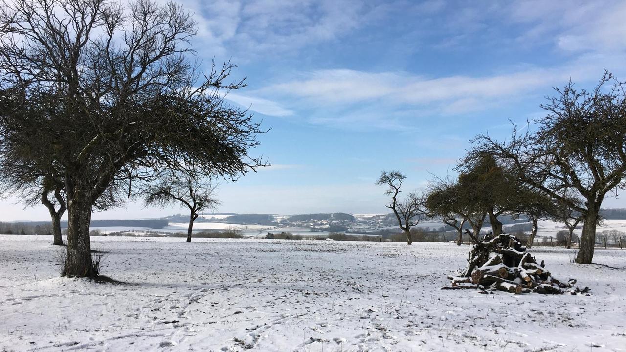 Ein typischer Blick über die winterliche Vogesenlandschaft mit Weiden, Feldern und Obsthängen. Ein typischer Blick über die winterliche Vogesenlandschaft mit Weiden, Feldern und Obsthängen.