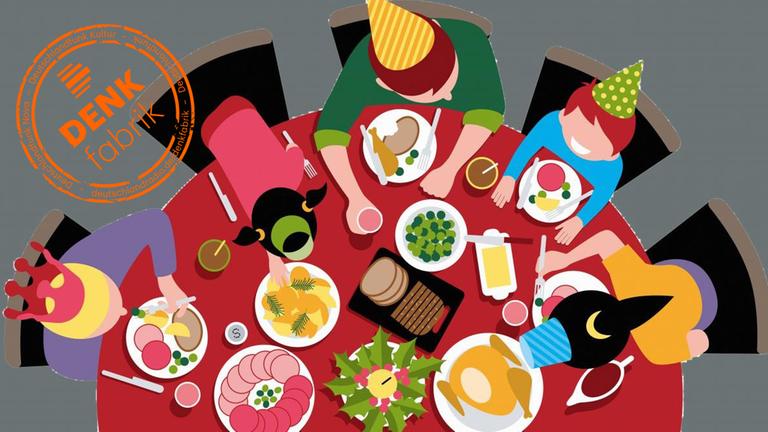 Illustration: Draufsicht einer Familie beim Essen. Illustration: Draufsicht einer Familie beim Essen.