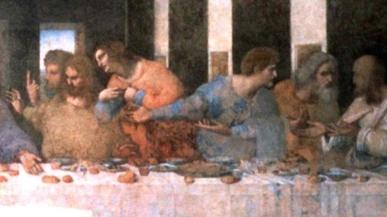 Ausschnitt aus "Das letzte Abendmahl" von Leonardo da Vinci: Rechte Seite der Tafel. Die Jünger Jacobus, Thomas, Philippus, Matthäus, Thaddäus, Simon