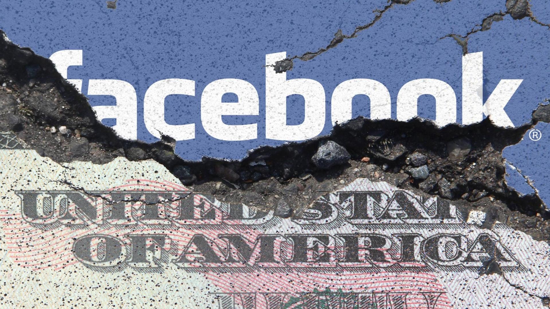 Symbolbild zum Datenskandal des Datenanalye Unternehmen s Cambridge Analytica mit Facebook Nutzerprofilen und dem resultierenden Kursverfall der Aktie: Schriftzug Facebook und Dollar Geldschein auf erodierendem Grund. Symbolbild zum Datenskandal des Datenanalye Unternehmen s Cambridge Analytica mit Facebook Nutzerprofilen und dem resultierenden Kursverfall der Aktie: Schriftzug Facebook und Dollar Geldschein auf erodierendem Grund.