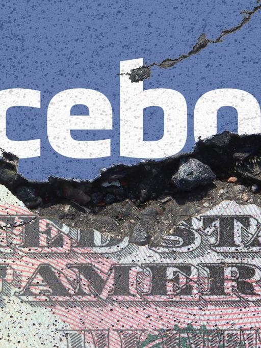 Symbolbild zum Datenskandal des Datenanalye Unternehmen s Cambridge Analytica mit Facebook Nutzerprofilen und dem resultierenden Kursverfall der Aktie: Schriftzug Facebook und Dollar Geldschein auf erodierendem Grund.
