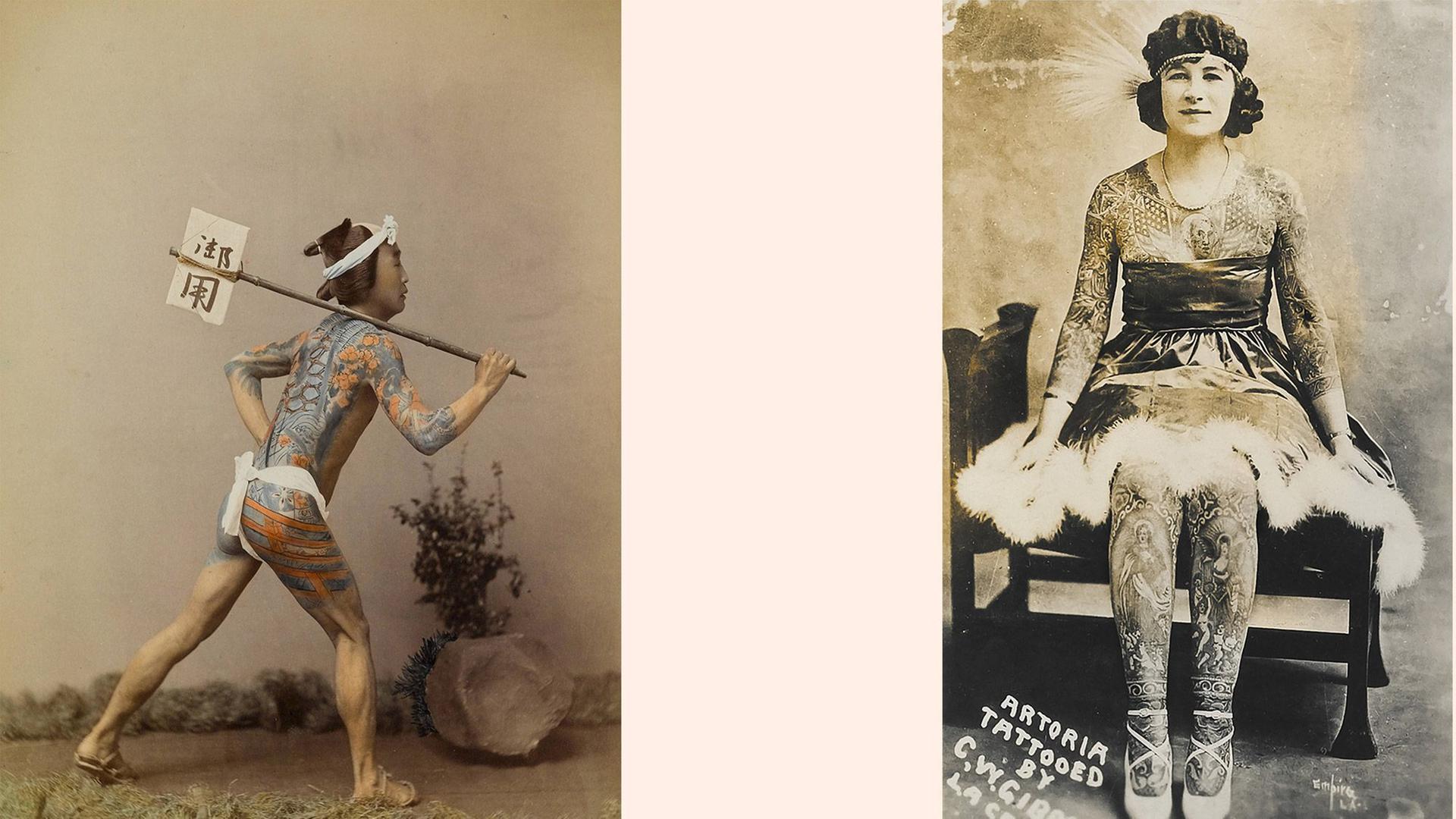 Eine Bildcollage zeigt einen japanischen Mann mit bunt tätowiertem Körper und eine Tänzerin mit Tattoos über den ganzen Körper verteilt.