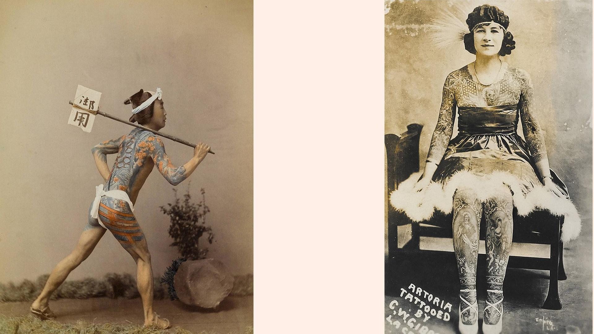 Eine Bildcollage zeigt einen japanischen Mann mit bunt tätowiertem Körper und eine Tänzerin mit Tattoos über den ganzen Körper verteilt. Eine Bildcollage zeigt einen japanischen Mann mit bunt tätowiertem Körper und eine Tänzerin mit Tattoos über den ganzen Körper verteilt.