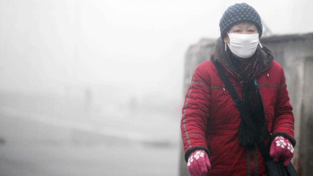Smog in Tianjin, China: Eine Frau trägt eine Maske. Smog in Tianjin, China: Eine Frau trägt eine Maske.