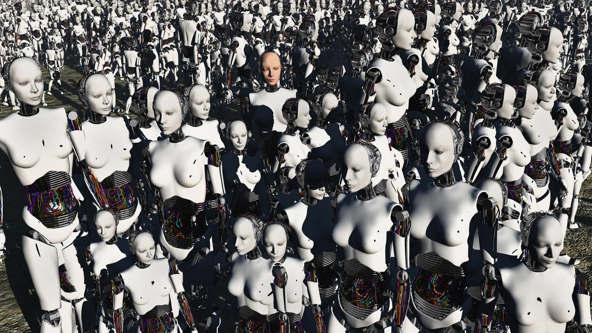 Androide mit teils roboterartigen, teils menschlichen Körpern. Androide mit teils roboterartigen, teils menschlichen Körpern.