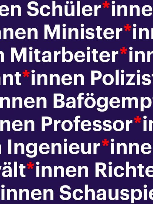 Vor lilafarbenem Hintergrund sidn Wörter wie Lehrer*innen, Schüler*innen etc aufgelistet, versehen mit einem Sternchen.