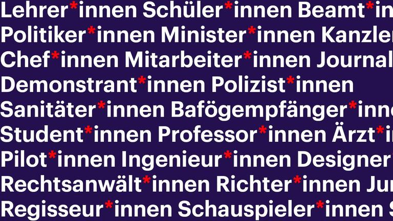 Vor lilafarbenem Hintergrund sidn Wörter wie Lehrer*innen, Schüler*innen etc aufgelistet, versehen mit einem Sternchen. Vor lilafarbenem Hintergrund sidn Wörter wie Lehrer*innen, Schüler*innen etc aufgelistet, versehen mit einem Sternchen.