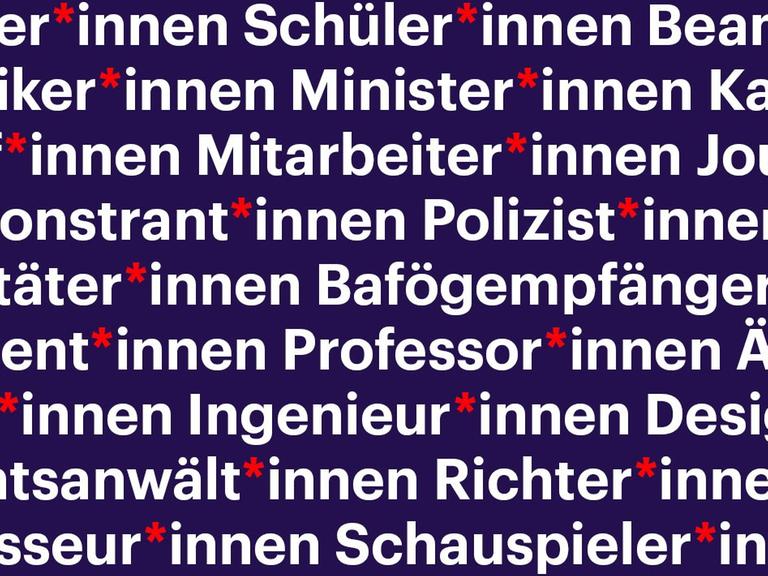 Vor lilafarbenem Hintergrund sidn Wörter wie Lehrer*innen, Schüler*innen etc aufgelistet, versehen mit einem Sternchen.