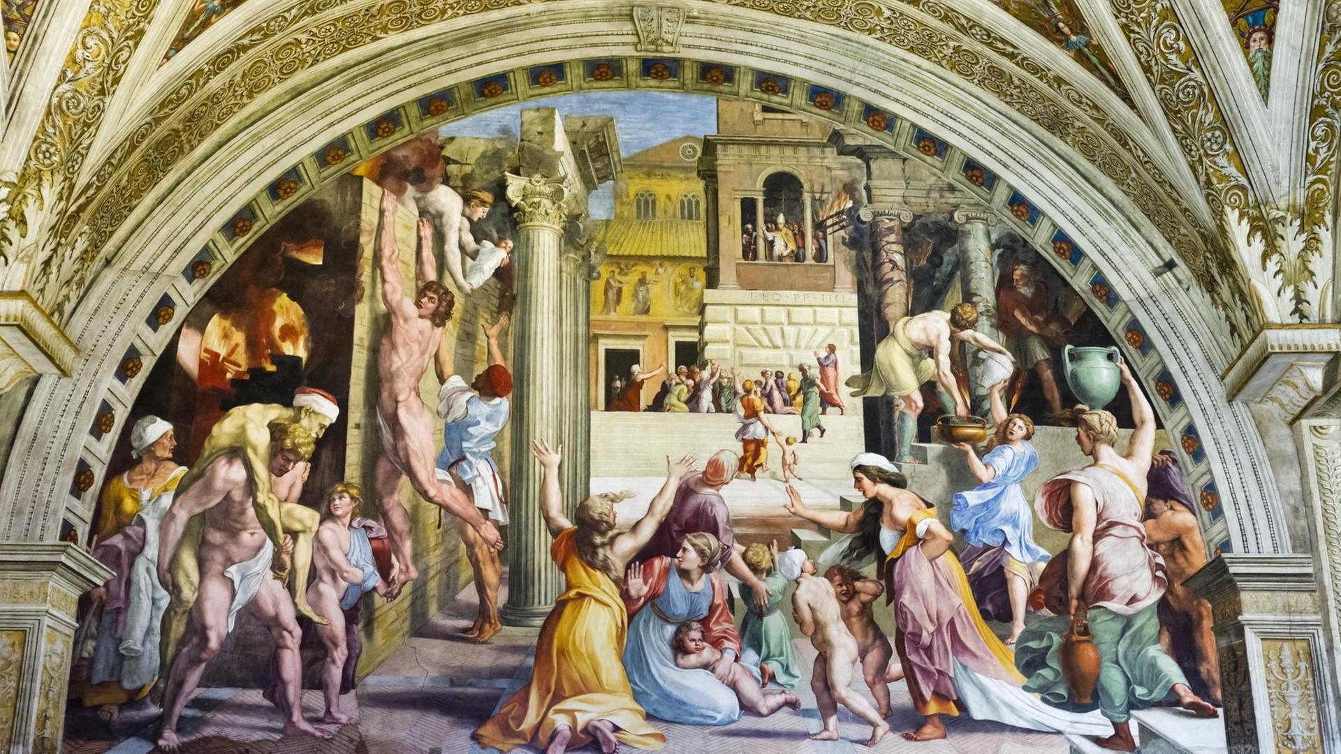 L'incendio di Borgo, Brand im Borgo, Stanza dell? Incendio, Stanze di Raffaelo, Raffaelo Santi und Giulio Romano, 1514-1517, Vatikanische Museen, Vatikan, Rom, Latium, Italien, Europa | Verwendung weltweit, Keine Weitergabe an Wiederverkäufer. L'incendio di Borgo, Brand im Borgo, Stanza dell? Incendio, Stanze di Raffaelo, Raffaelo Santi und Giulio Romano, 1514-1517, Vatikanische Museen, Vatikan, Rom, Latium, Italien, Europa | Verwendung weltweit, Keine Weitergabe an Wiederverkäufer.