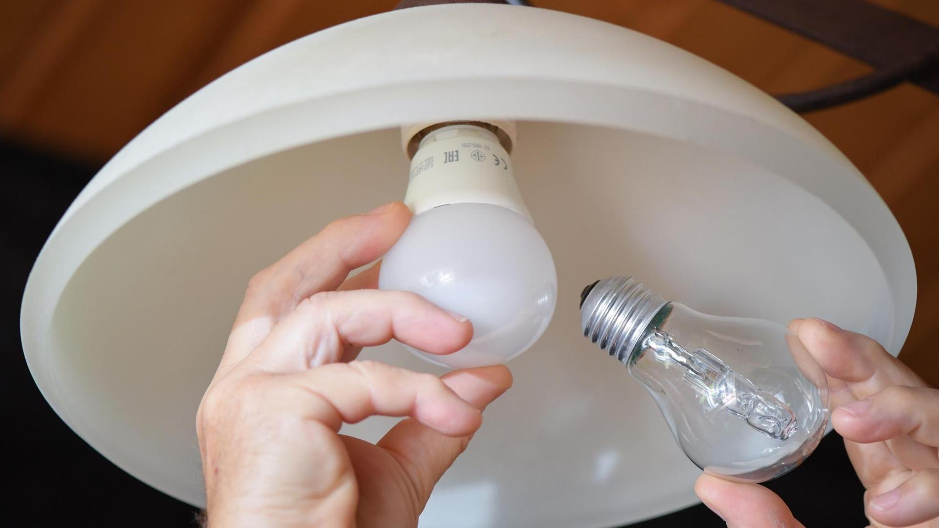 An einer Deckenleuchte wird eine Halogenlampe (r) gegen eine energiesparende LED-Lampe ausgewechselt An einer Deckenleuchte wird eine Halogenlampe (r) gegen eine energiesparende LED-Lampe ausgewechselt