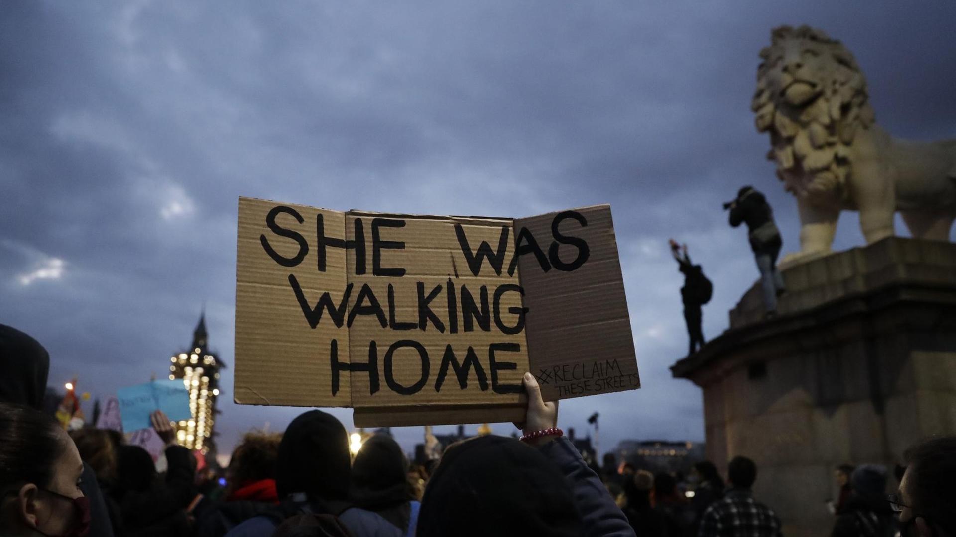 Demonstranten vor dem Londoner Parlament mit einem Schild "She was walking home"; Übersetzung: "Sie ging nach Hause". Demonstranten vor dem Londoner Parlament mit einem Schild "She was walking home"; Übersetzung: "Sie ging nach Hause".