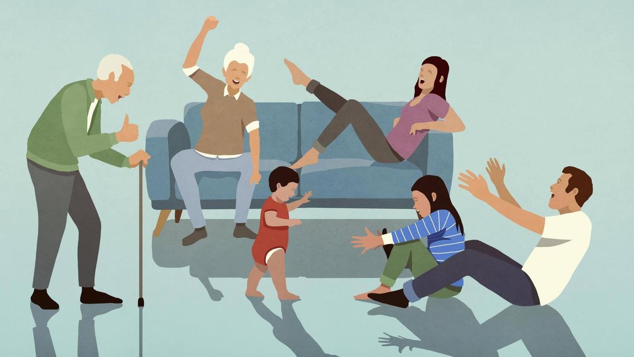Eine fröhliche Mehr-Generationen-Familie rund um ein Sofa (Illustration) Eine fröhliche Mehr-Generationen-Familie rund um ein Sofa (Illustration)